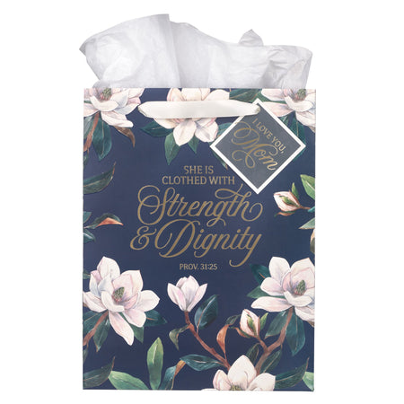 Strength and Dignity Blush Magnolia Large Portrait Gift Bag - Proverbs 31:25 by Christian Art Gifts