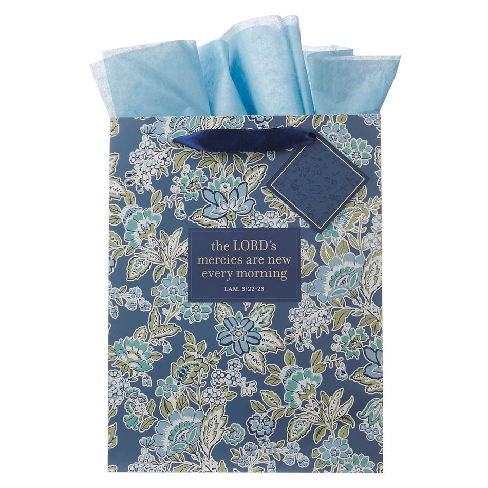 Morning Mercies Blue Green Floral Large Gift Bag Lam 3:22-23 by Christian Art Gifts