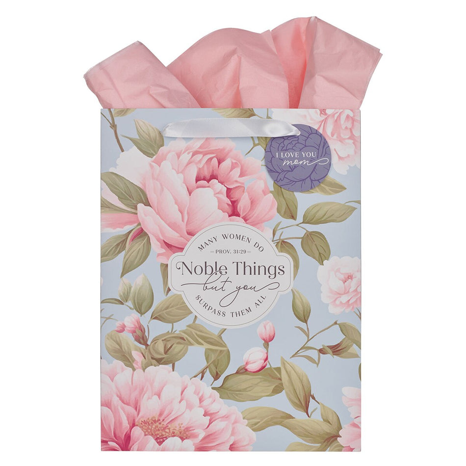 Noble Things Pink Peony Large Portrait Gift Bag - Proverbs 31:29 by Christian Art Gifts