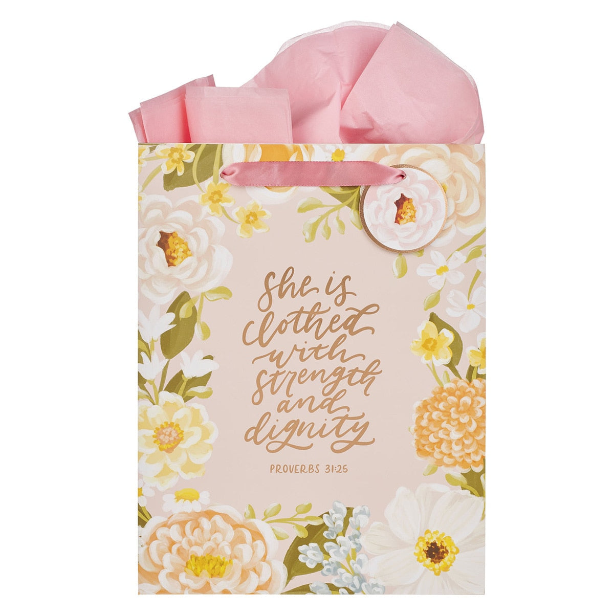 Strength and Dignity Pink Floral Large Portrait Gift Bag - Proverbs 31:25 by Christian Art Gifts