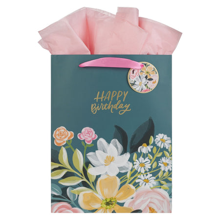 Happy Birthday Teal Floral Large Portrait Gift Bag by Christian Art Gifts