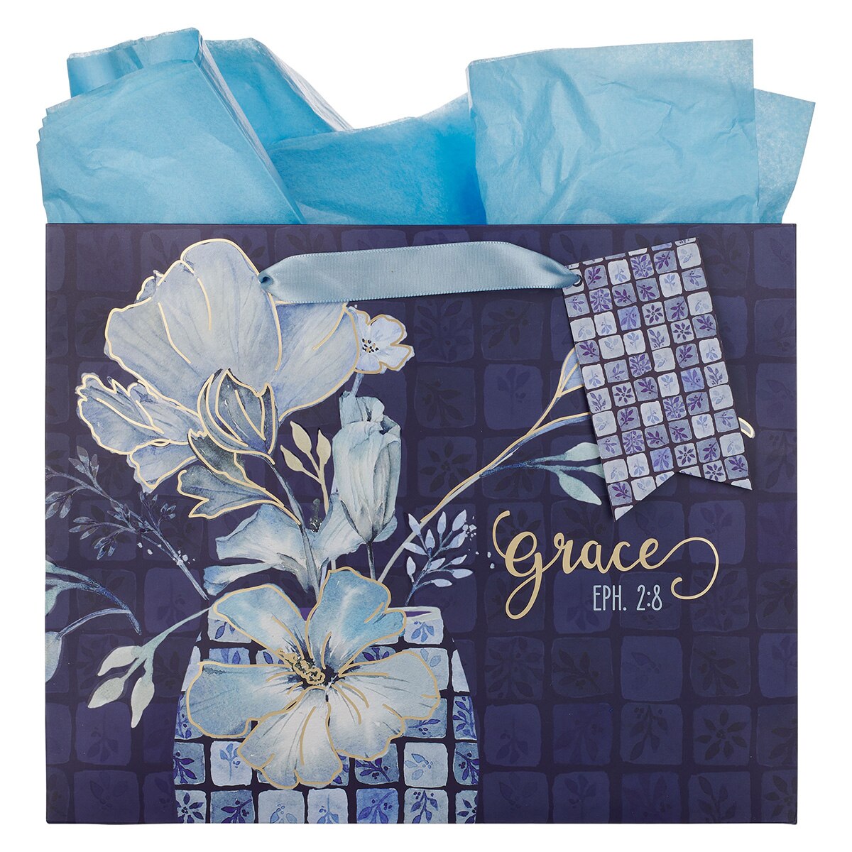 Grace Blue Floral Tile Large Landscape Gift Bag - Ephesians 2:8 by Christian Art Gifts