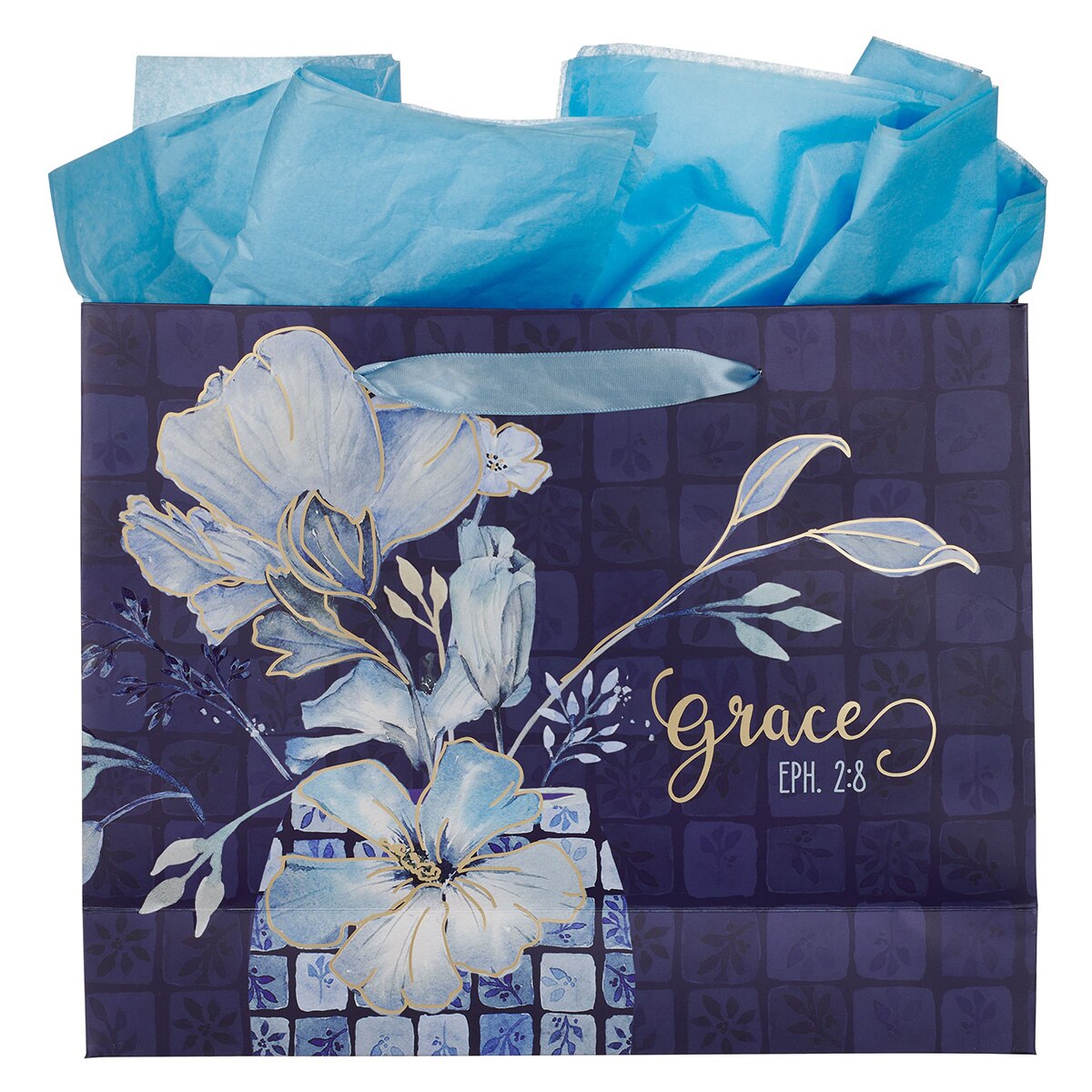 Grace Blue Floral Tile Large Landscape Gift Bag - Ephesians 2:8 by Christian Art Gifts, product view 2