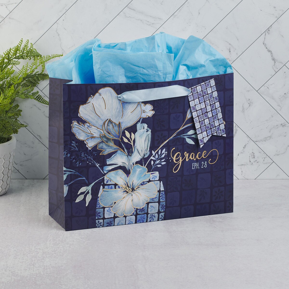 Grace Blue Floral Tile Large Landscape Gift Bag - Ephesians 2:8 by Christian Art Gifts, product view 3