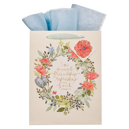 Sweet Friendship Bright Floral Wreath Large Portrait Gift Bag - Proverbs 27:9 by Christian Art Gifts