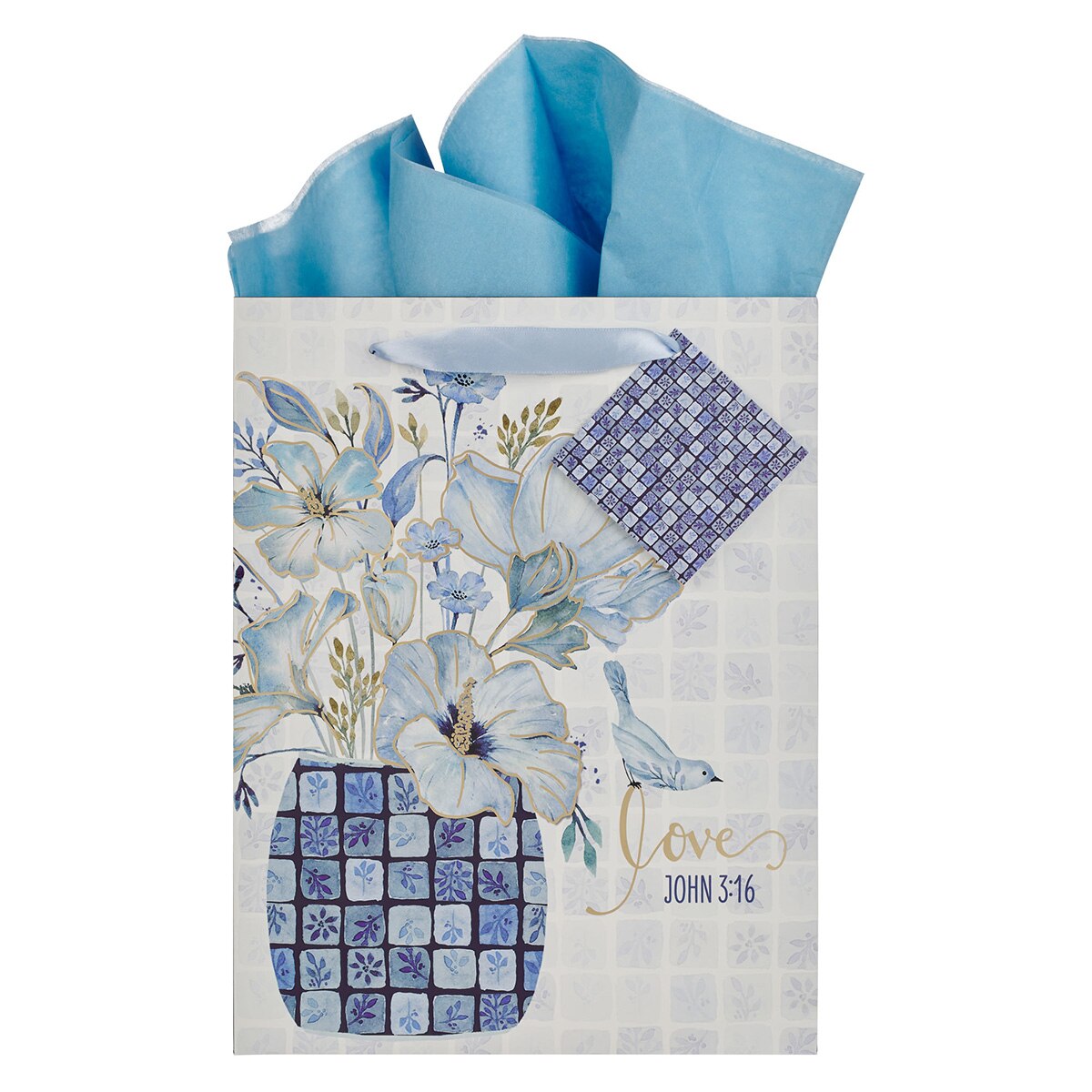 Love Blue Mosaic Tile Large Portrait Gift Bag - John 3:16 by Christian Art Gifts
