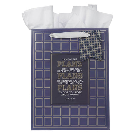 The Plans Modern Blue Grid Large Portrait Gift Bag - Jeremiah 29:11 by Christian Art Gifts