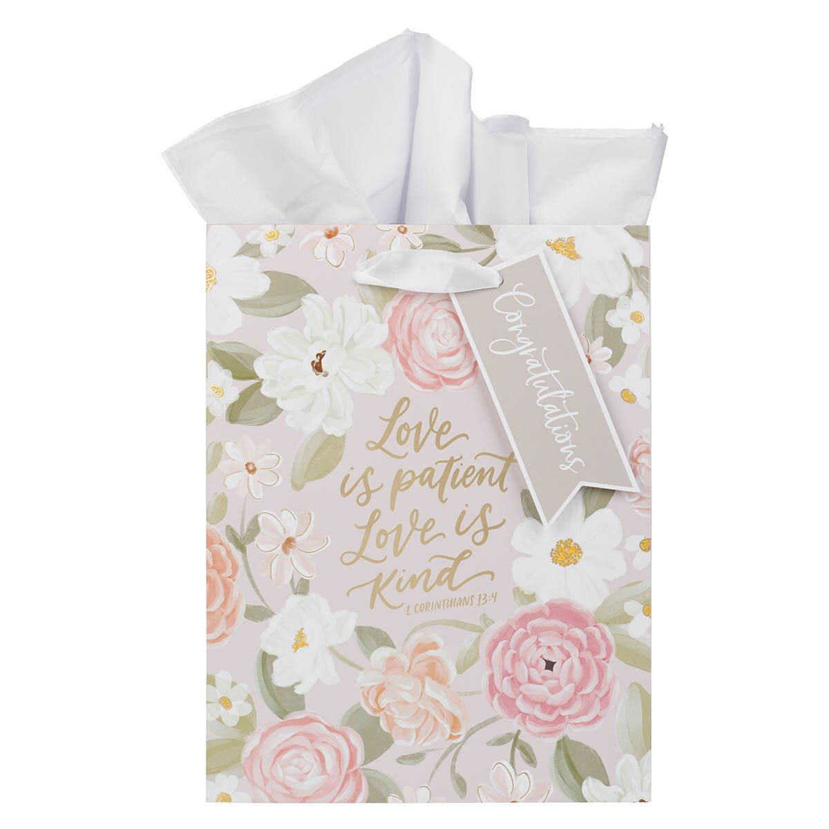 Love is Patient Pink Floral Medium Gift Bag – 1 Corinthians 13:4 by Christian Art Gifts