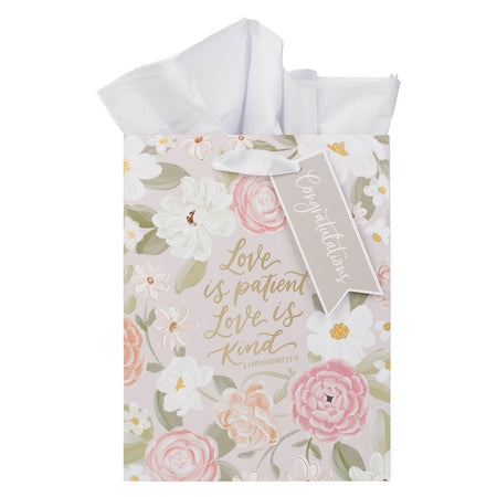 Love is Patient Pink Floral Medium Gift Bag – 1 Corinthians 13:4 by Christian Art Gifts