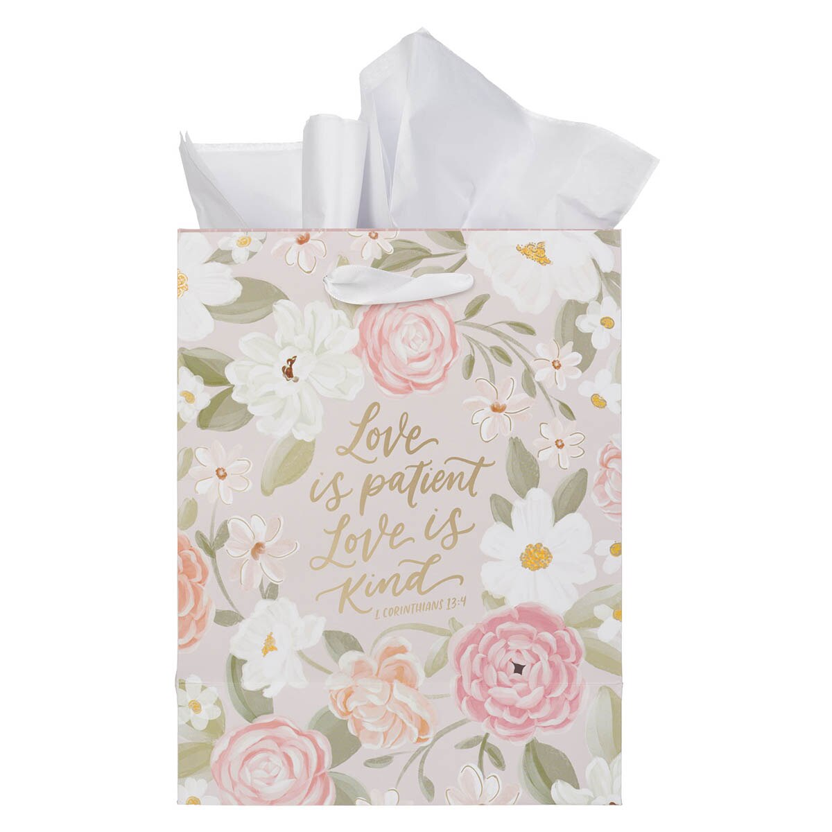 Love is Patient Pink Floral Medium Gift Bag – 1 Corinthians 13:4 by Christian Art Gifts, product view 2