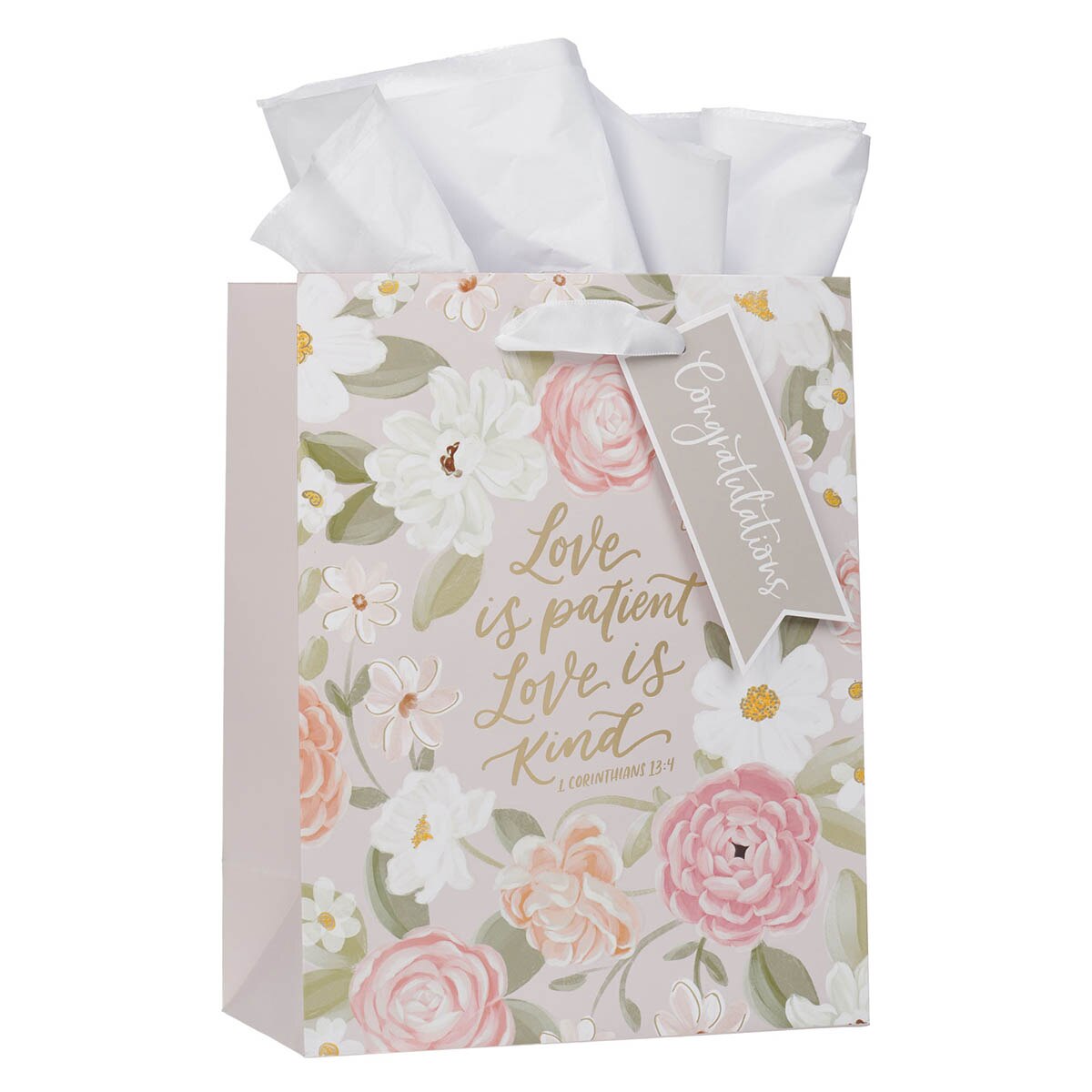 Love is Patient Pink Floral Medium Gift Bag – 1 Corinthians 13:4 by Christian Art Gifts, product view 3