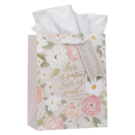 Love is Patient Pink Floral Medium Gift Bag – 1 Corinthians 13:4 by Christian Art Gifts, product view 3