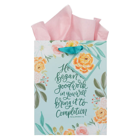 He Who Began a Good Work Turquoise Floral Medium Gift Bag - Philippians 1:6 by Christian Art Gifts