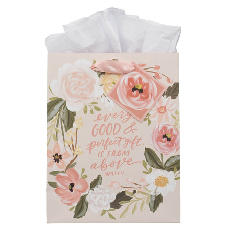 Every Good Gift Peach Floral Medium Gift Bag - James 1:17 by Christian Art Gifts