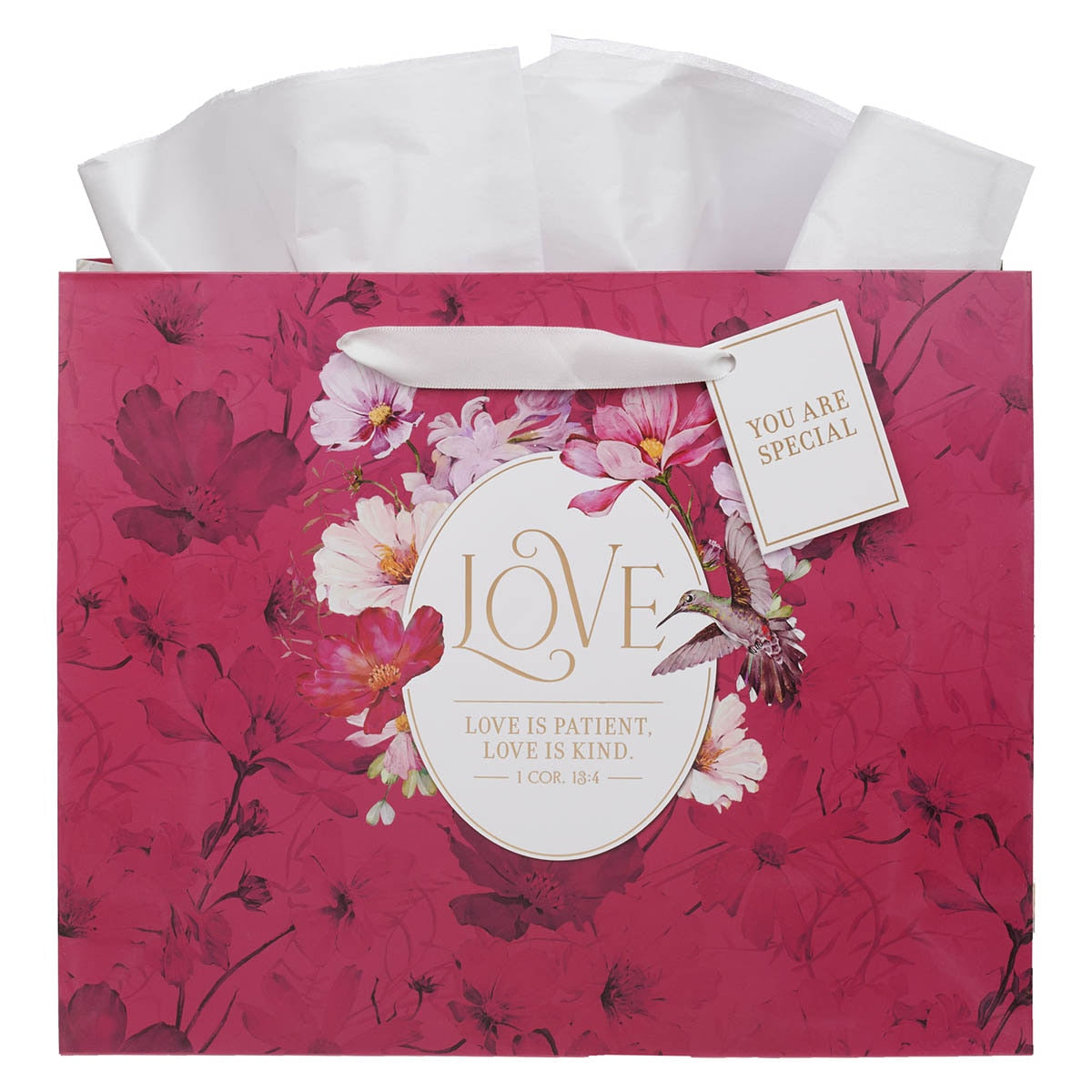 Love Red Hummingbird Large Landscape Gift Bag - 1 Corinthians 13:4 by Christian Art Gifts