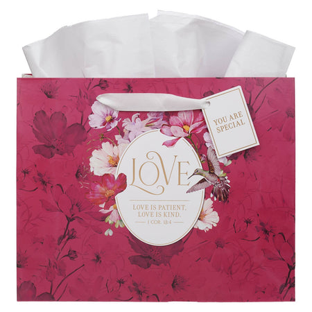 Love Red Hummingbird Large Landscape Gift Bag - 1 Corinthians 13:4 by Christian Art Gifts
