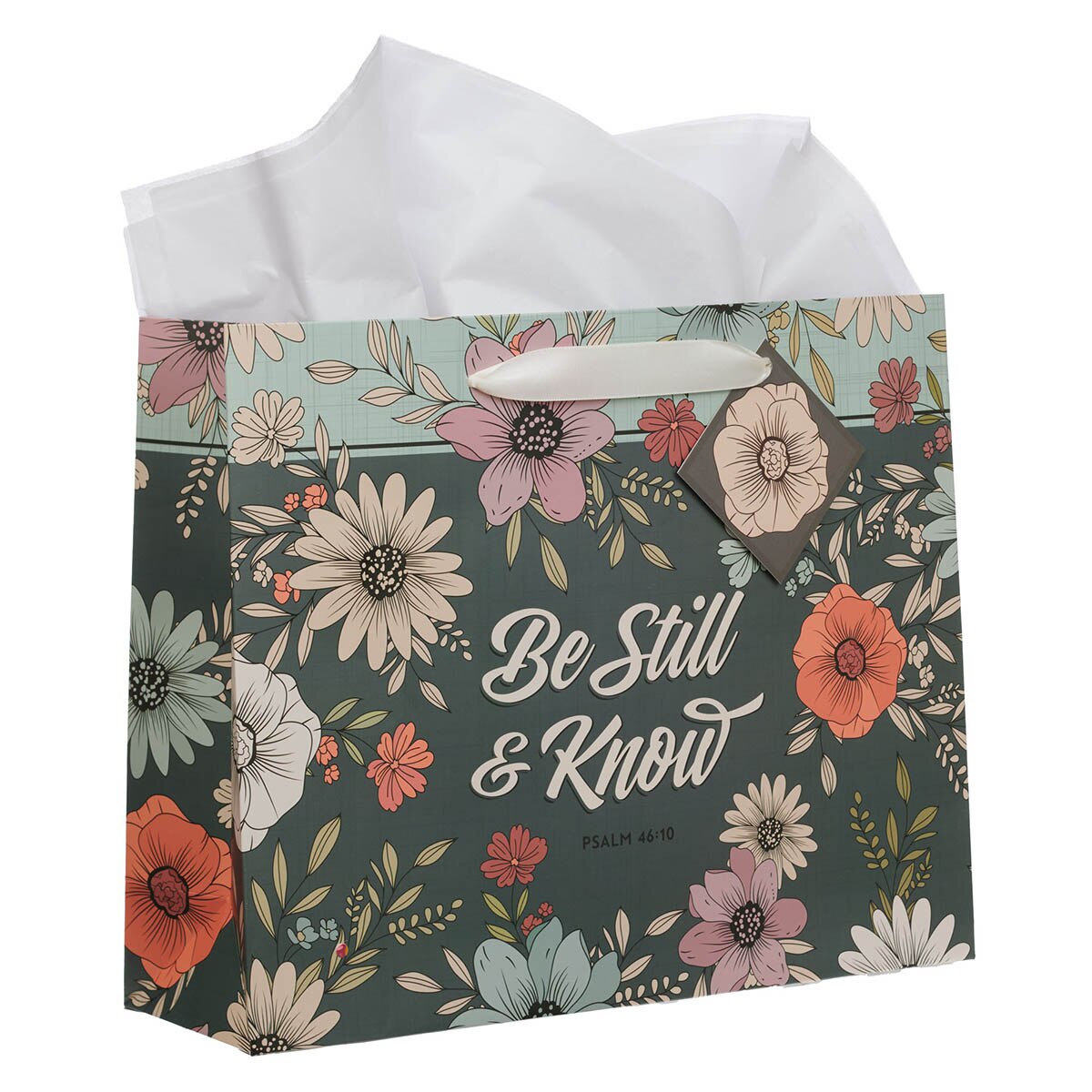 Be Still Teal Botanical Large Landscape Gift Bag - Psalm 46:10 by Christian Art Gifts, product view 3