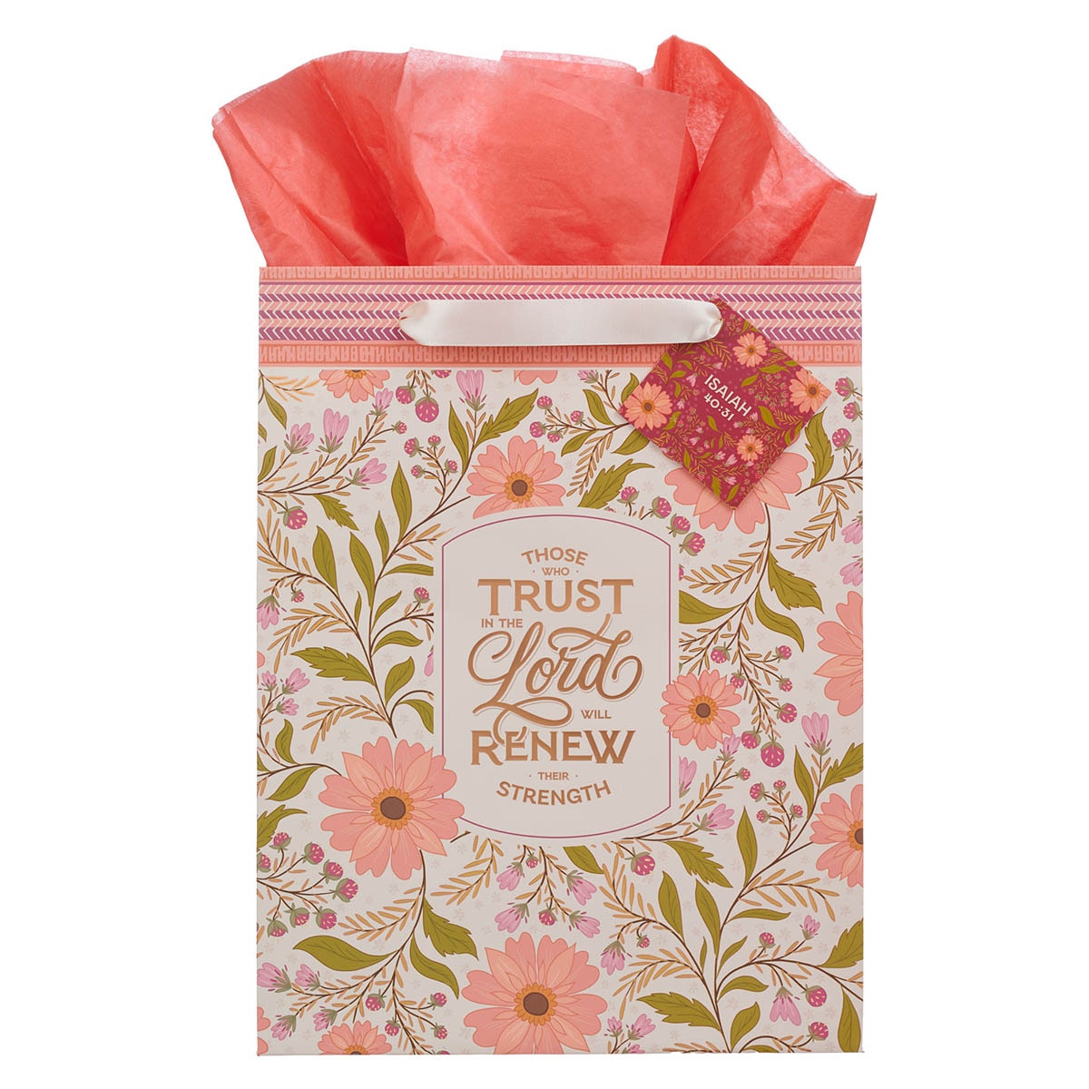 Trust In The Lord Coral Cascade Large Portrait Gift Bag - Isaiah 40:31 by Christian Art Gifts
