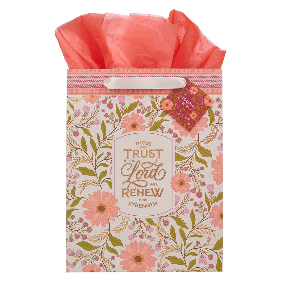 Trust In The Lord Coral Cascade Large Portrait Gift Bag - Isaiah 40:31 by Christian Art Gifts
