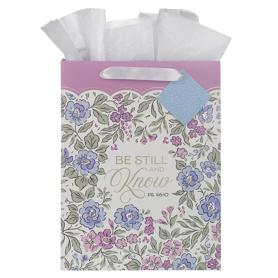 Be Still and Know Blue Floral Large Portrait Gift Bag - Psalm 46:10 by Christian Art Gifts