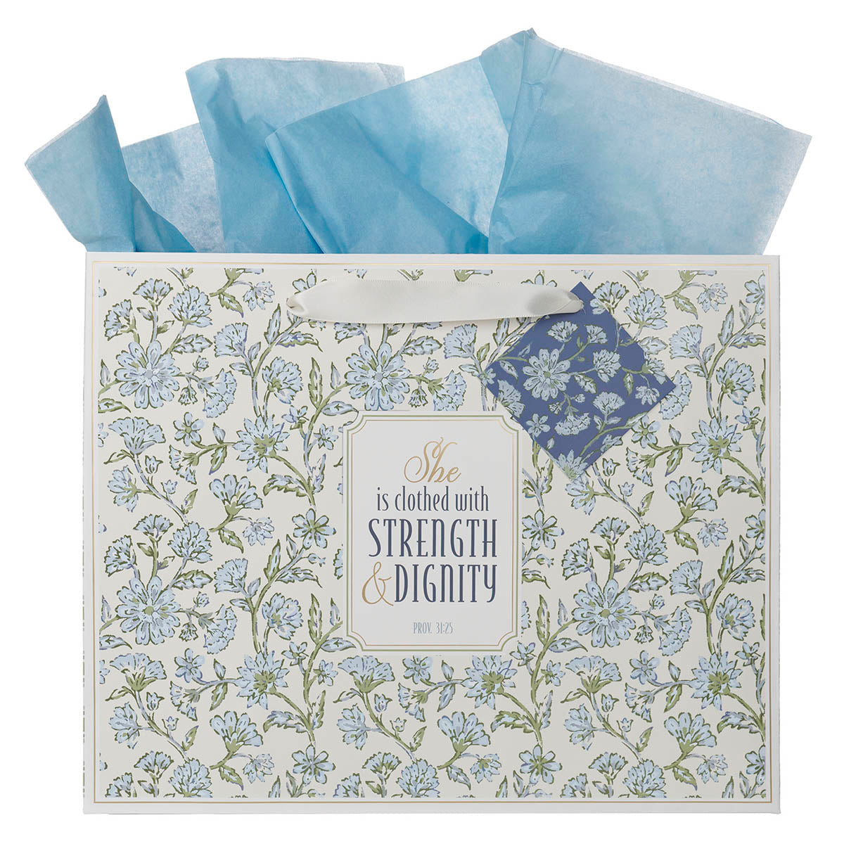 Strength and Dignity Blue Cottage Garden Large Landscape Gift Bag - Proverbs 31:25 by Christian Art Gifts
