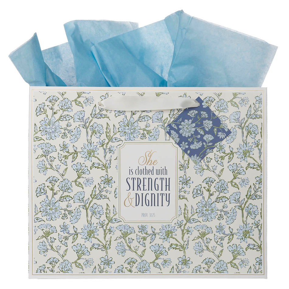 Strength and Dignity Blue Cottage Garden Large Landscape Gift Bag - Proverbs 31:25 by Christian Art Gifts