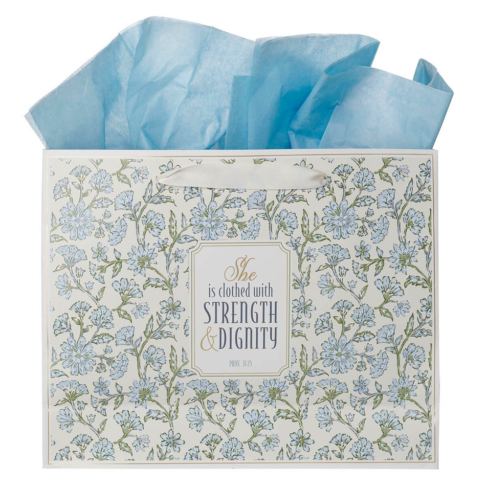 Strength and Dignity Blue Cottage Garden Large Landscape Gift Bag - Proverbs 31:25 by Christian Art Gifts, product view 2