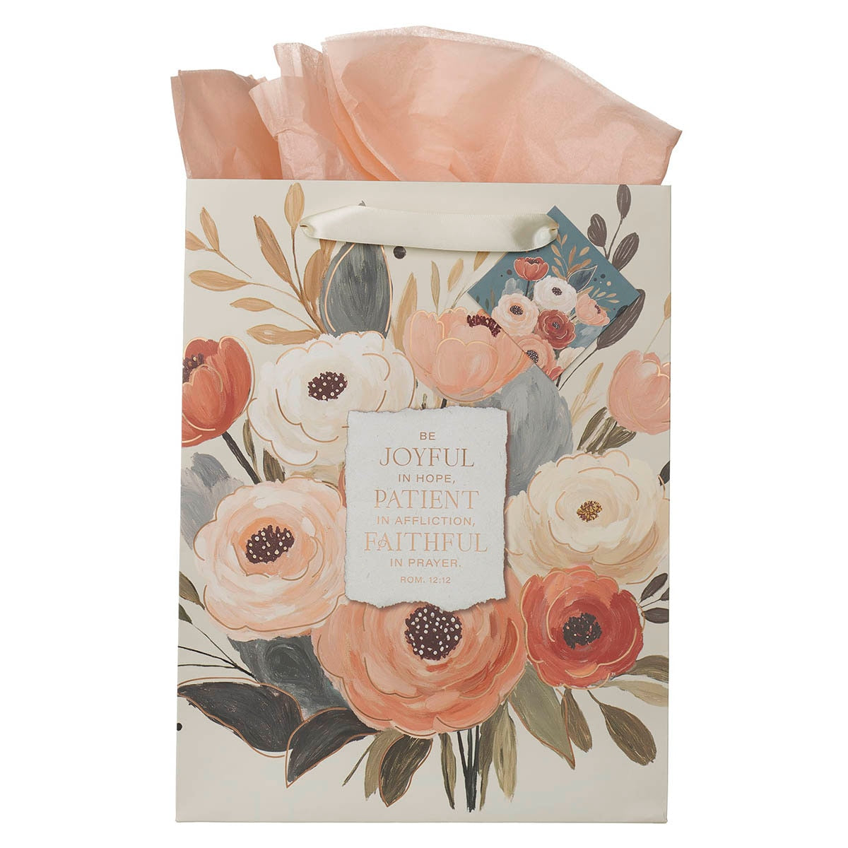 Joyful Patient Faithful Heirloom Floral Large Portrait Gift Bag - Romans 12:12 by Christian Art Gifts
