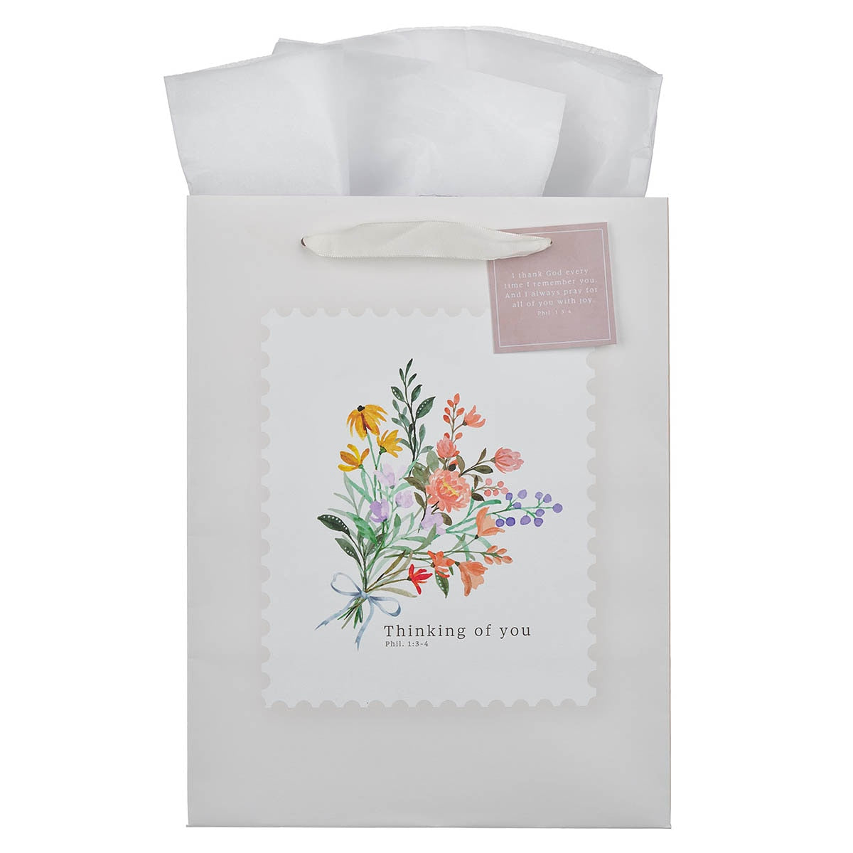 Thinking of You Cream Wildflower Large Portrait Gift Bag - Philippians 1:3-4 by Christian Art Gifts