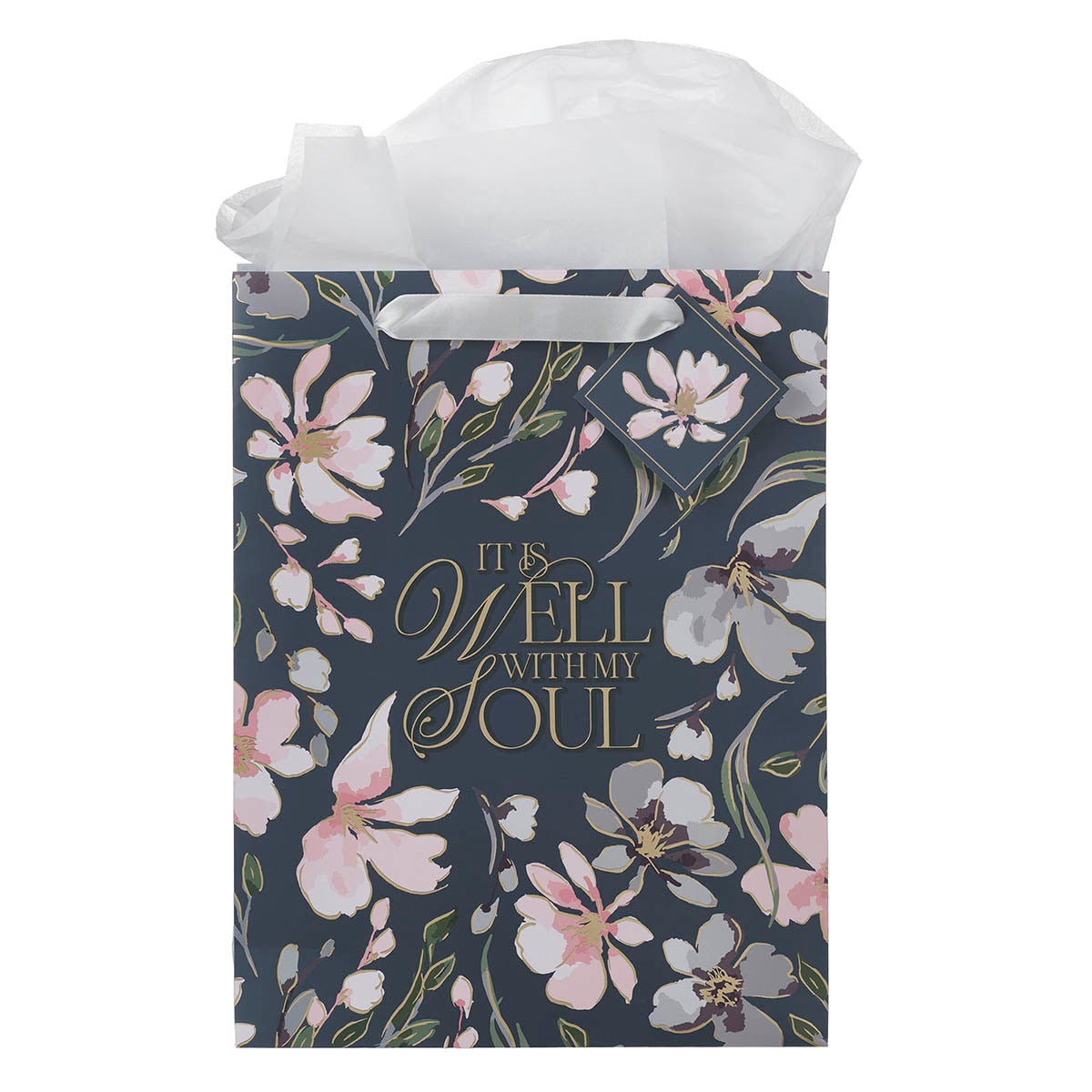 It Is Well With My Soul Navy Floral Large Portrait Gift Bag by Christian Art Gifts