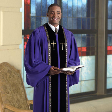 RT Wesley Pulpit Robe with Gold Metallic Piping and Cross - Purple – Black, HM537 by Christian Brands, product view 2