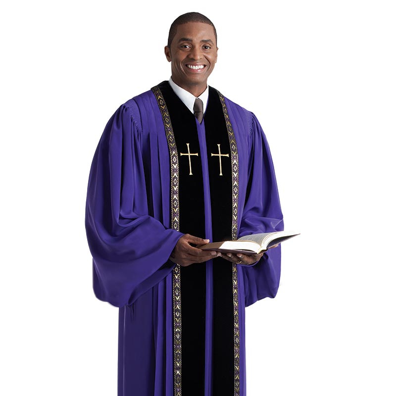 RT Wesley Pulpit Robe with Gold Metallic Piping and Cross - Purple – Black, HM522 by Christian Brands