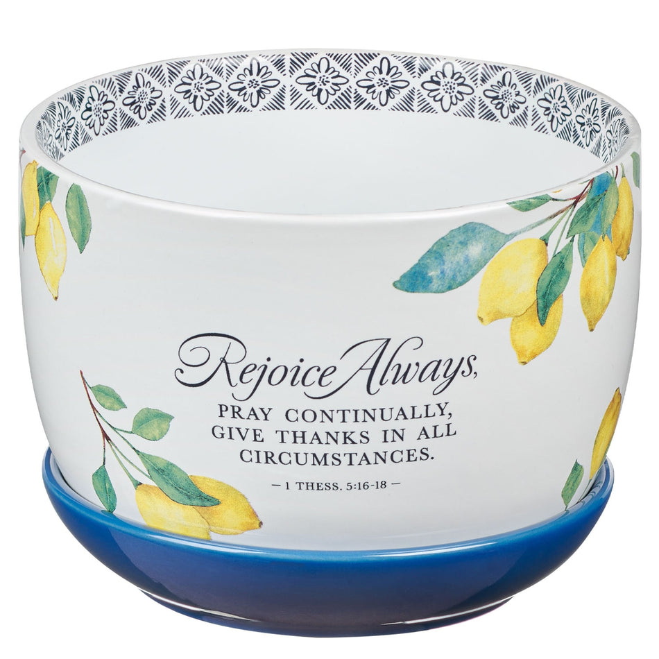 Rejoice Always Lemon Ceramic Planter with Saucer - 1 Thessalonians 5:16-18 by Christian Art Gifts