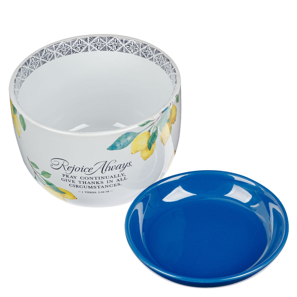 Rejoice Always Lemon Ceramic Planter with Saucer - 1 Thessalonians 5:16-18 by Christian Art Gifts, product view 2