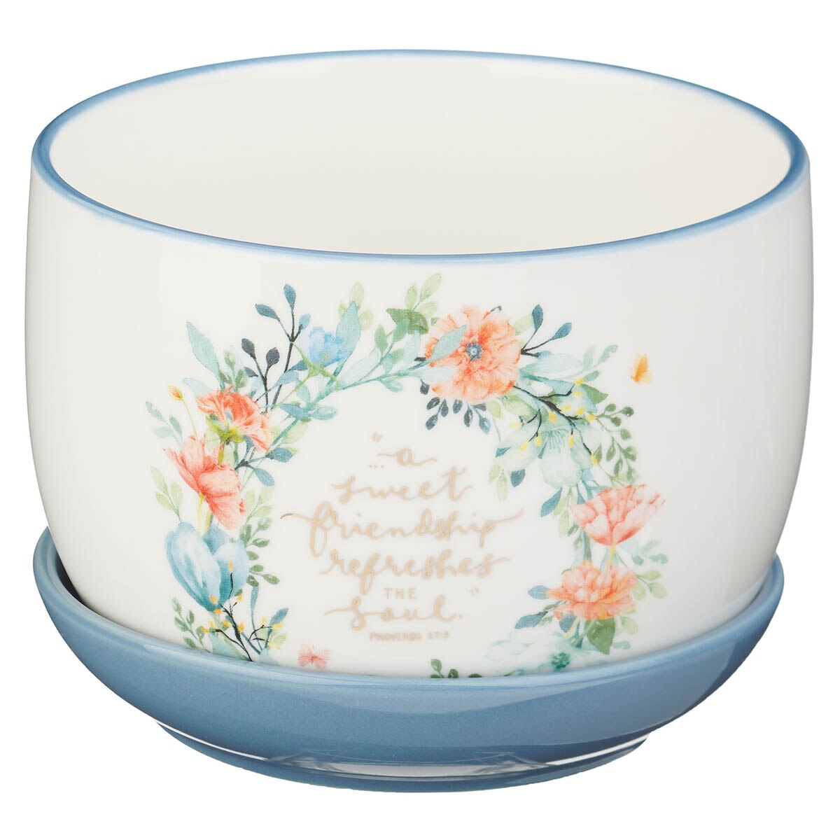 Sweet Friendship Bright Floral Wreath Ceramic Planter with Saucer - Proverbs 27:9 by Christian Art Gifts