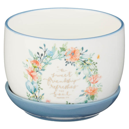 Sweet Friendship Bright Floral Wreath Ceramic Planter with Saucer - Proverbs 27:9 by Christian Art Gifts