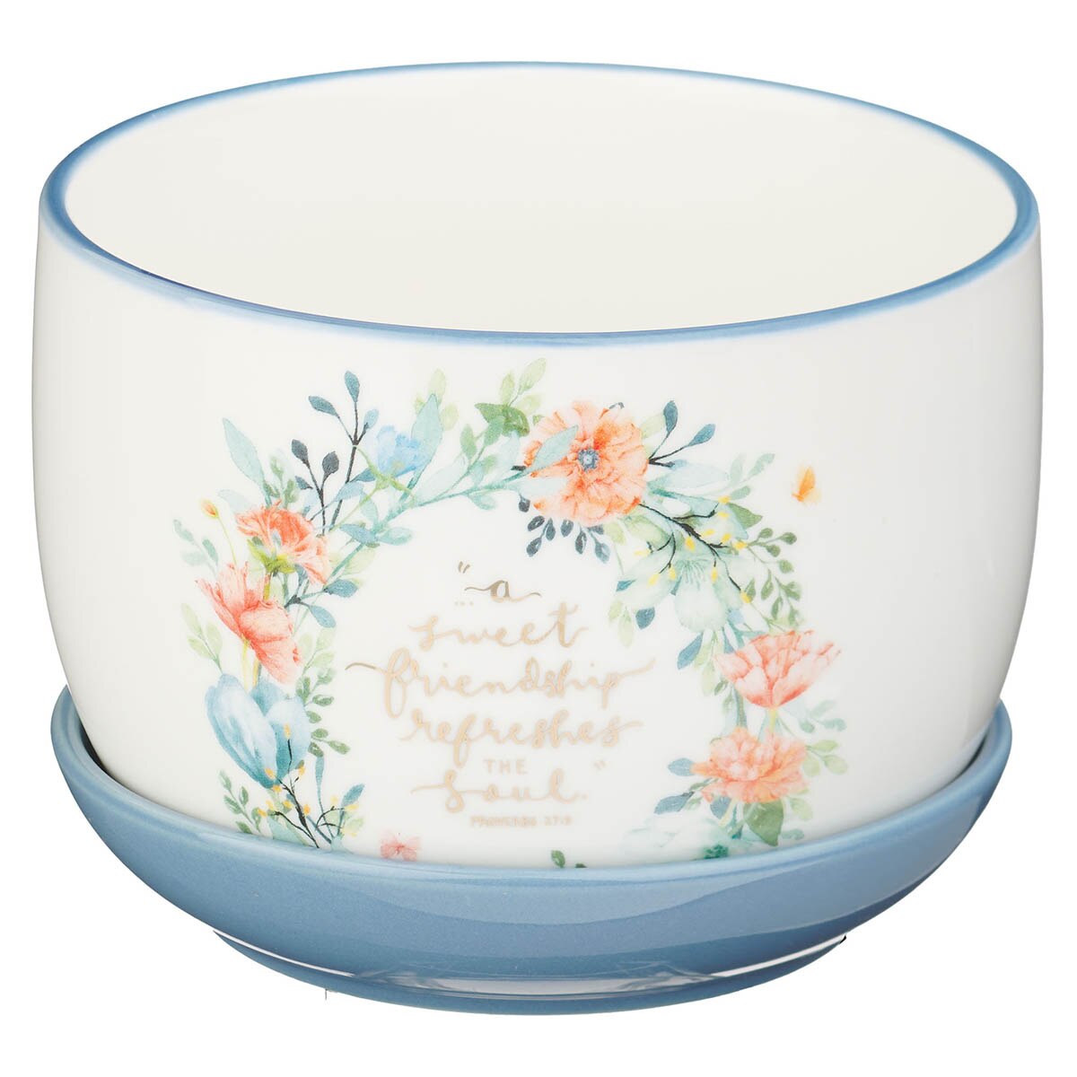 Sweet Friendship Bright Floral Wreath Ceramic Planter with Saucer - Proverbs 27:9 by Christian Art Gifts, product view 3