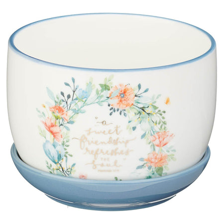 Sweet Friendship Bright Floral Wreath Ceramic Planter with Saucer - Proverbs 27:9 by Christian Art Gifts, product view 3