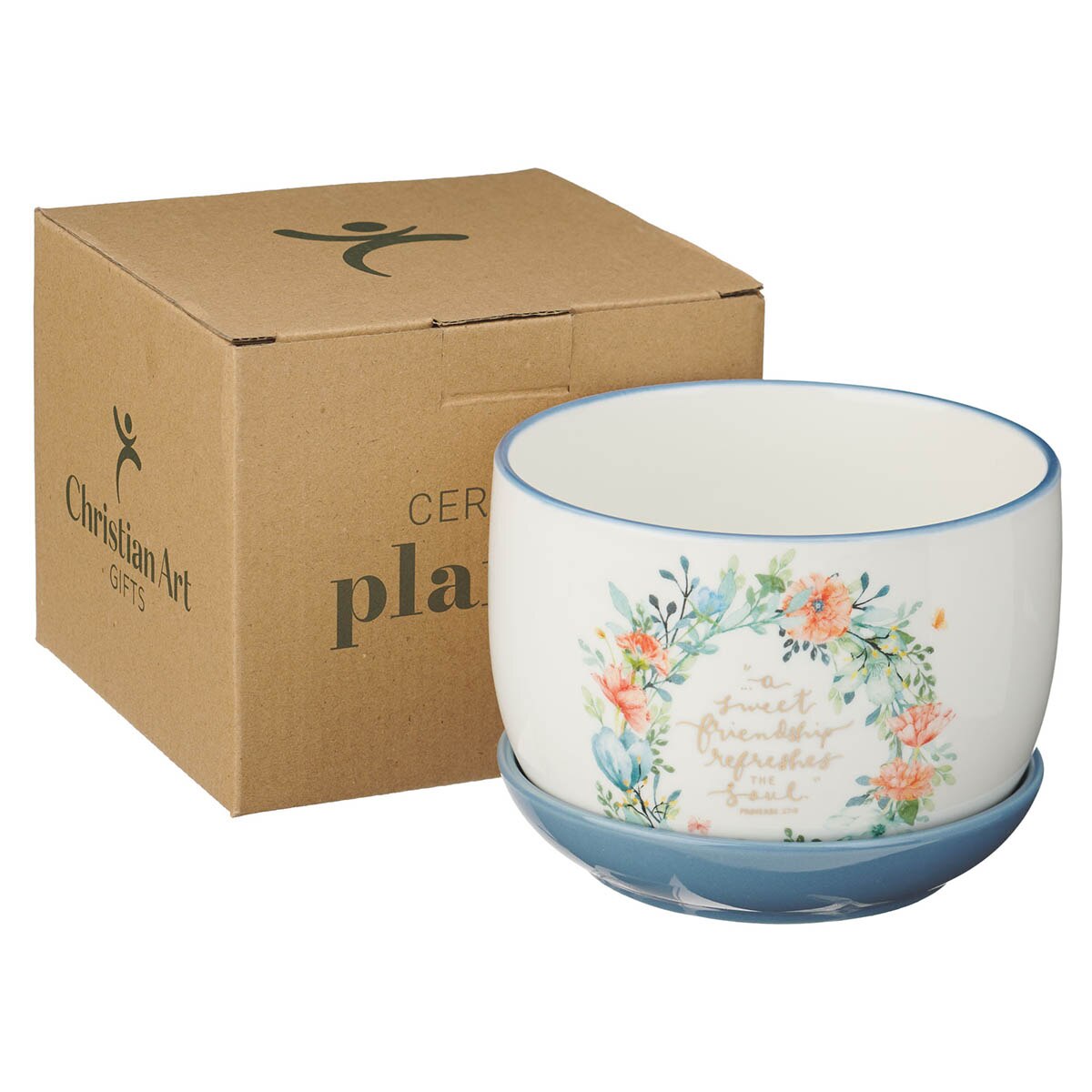 Sweet Friendship Bright Floral Wreath Ceramic Planter with Saucer - Proverbs 27:9 by Christian Art Gifts, product view 4