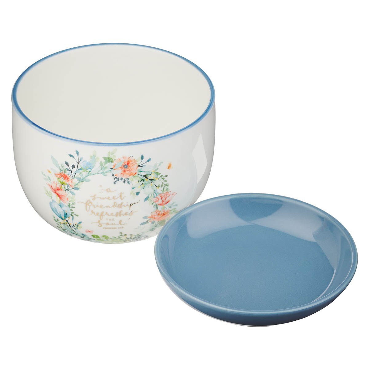 Sweet Friendship Bright Floral Wreath Ceramic Planter with Saucer - Proverbs 27:9 by Christian Art Gifts, product view 2