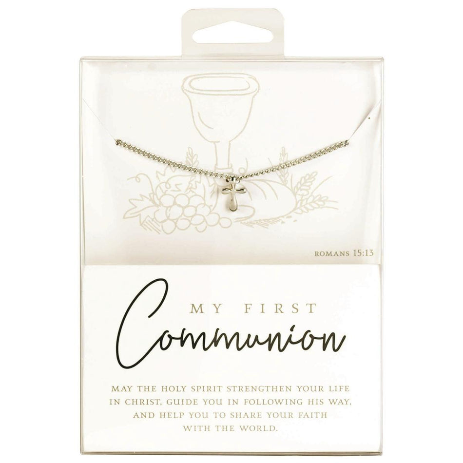 First Communion Encouraging Verse Silver 6.63 x 4.5 Stainless Steel Necklace by Dicksons