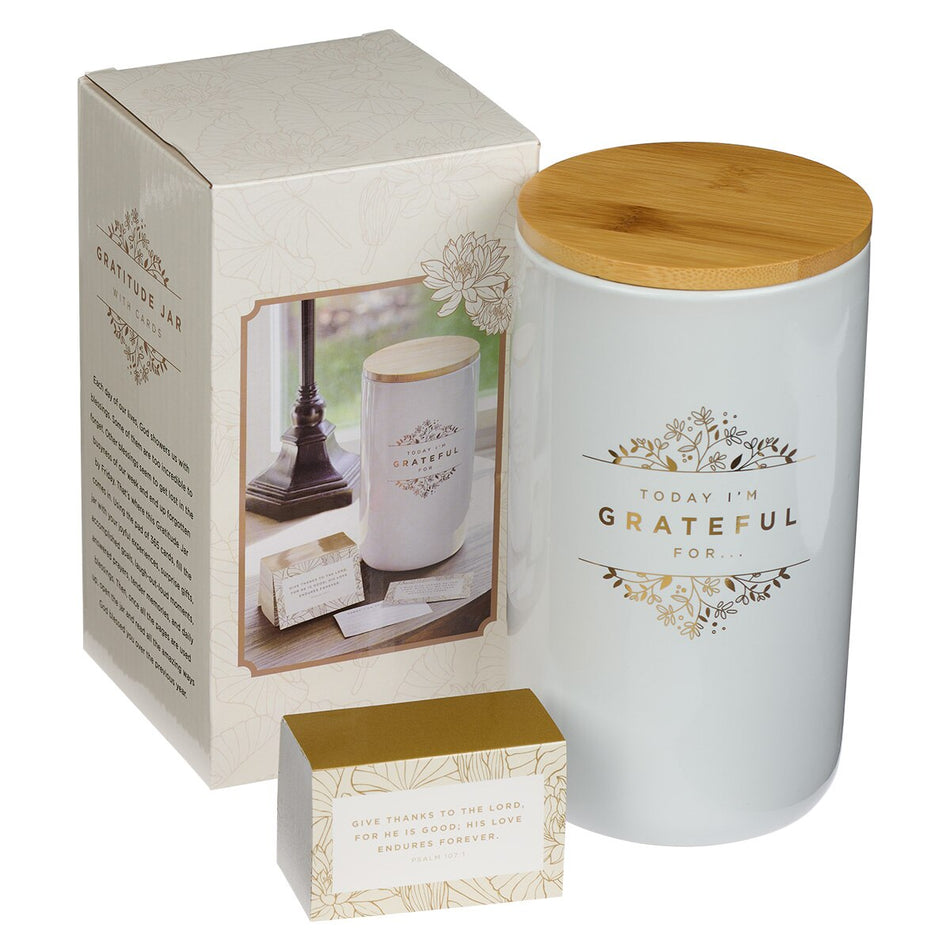 Grateful Gold and White Ceramic Gratitude Jar with Cards by Christian Art Gifts, product view 2