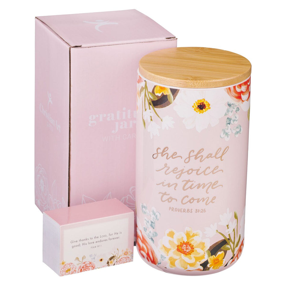 She Shall Rejoice Ceramic Gratitude Jar - Proverbs 31:25 by Christian Art Gifts, product view 2