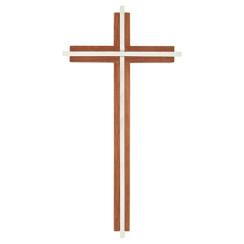 10" H Maple Hardwood Walnut Finish Cross With Nickel-Plated Inlay by Catholic Brands