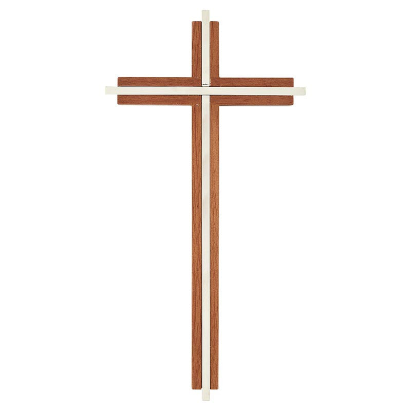 10" H Maple Hardwood Walnut Finish Cross With Nickel-Plated Inlay