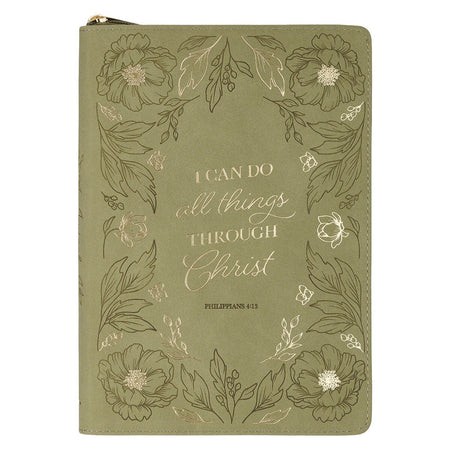 All Things Green Floral Faux Leather Classic Journal with Zipper Closure - Philippians 4:13 by Christian Art Gifts
