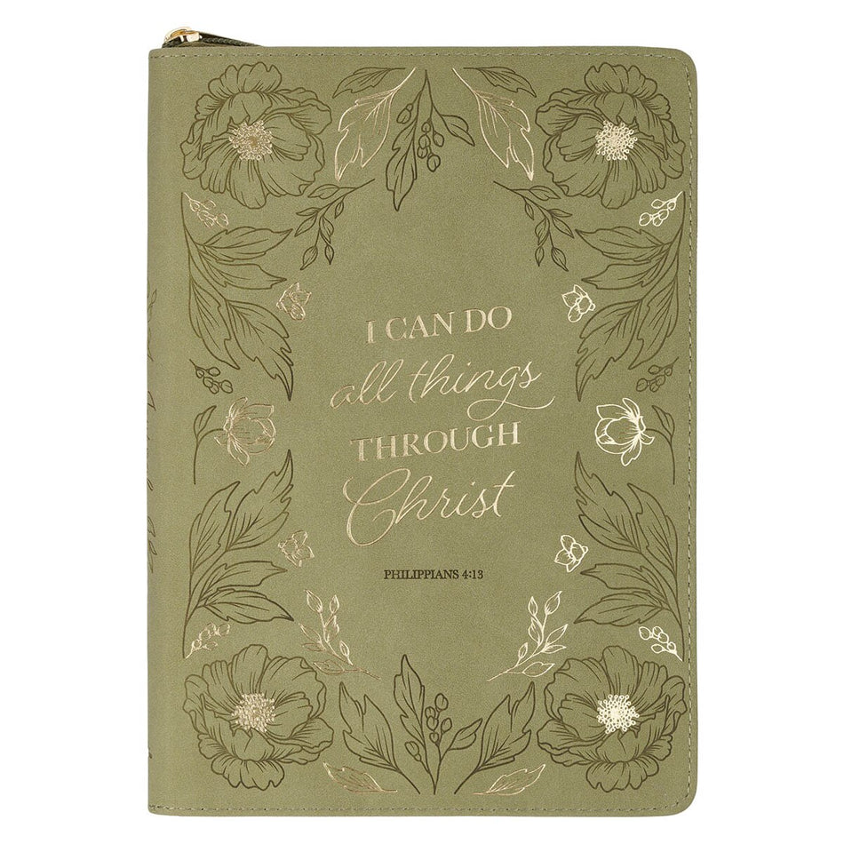 All Things Green Floral Faux Leather Classic Journal with Zipper Closure - Philippians 4:13 by Christian Art Gifts