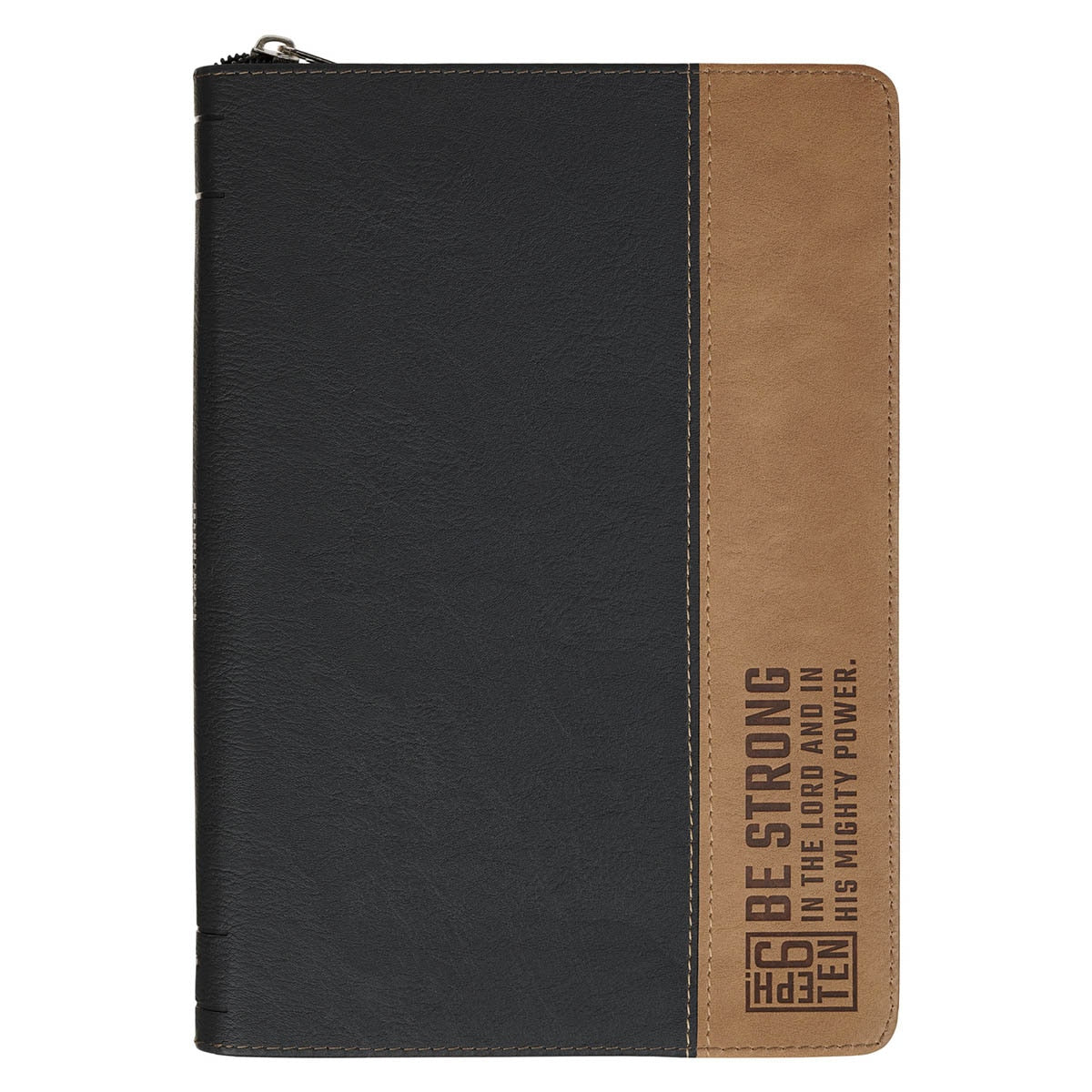 Be Strong Black and Tan Faux Leather Classic Journal with Zipper Closure - Ephesians 6:10 by Christian Art Gifts