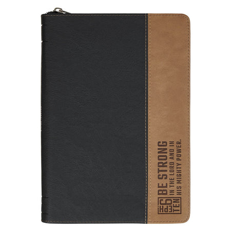 Be Strong Black and Tan Faux Leather Classic Journal with Zipper Closure - Ephesians 6:10 by Christian Art Gifts
