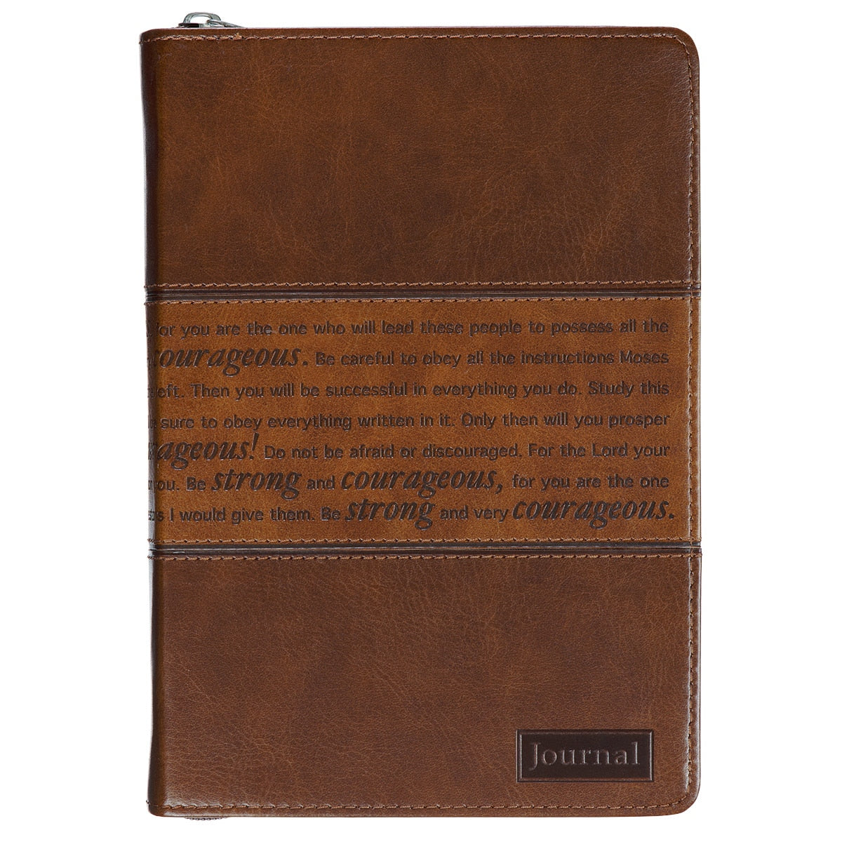 Strong and Courageous Two-tone Brown Faux Leather Journal with Zipper Closure - Joshua 1:5-9 by Christian Art Gifts
